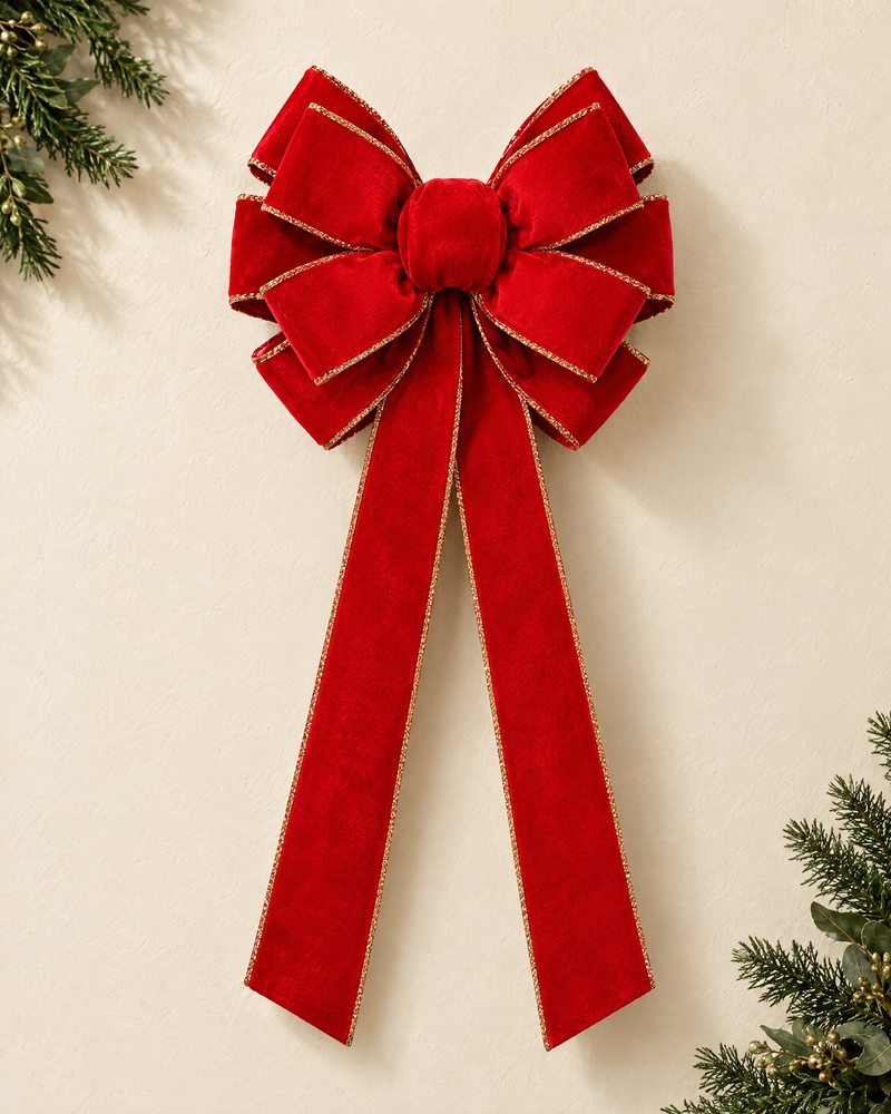 Grand nœud de Noël en velours rouge — 27 × 50 cm