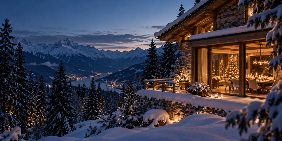 Chalet alpin et sapin illuminé dans un paysage enneigé au crépuscule