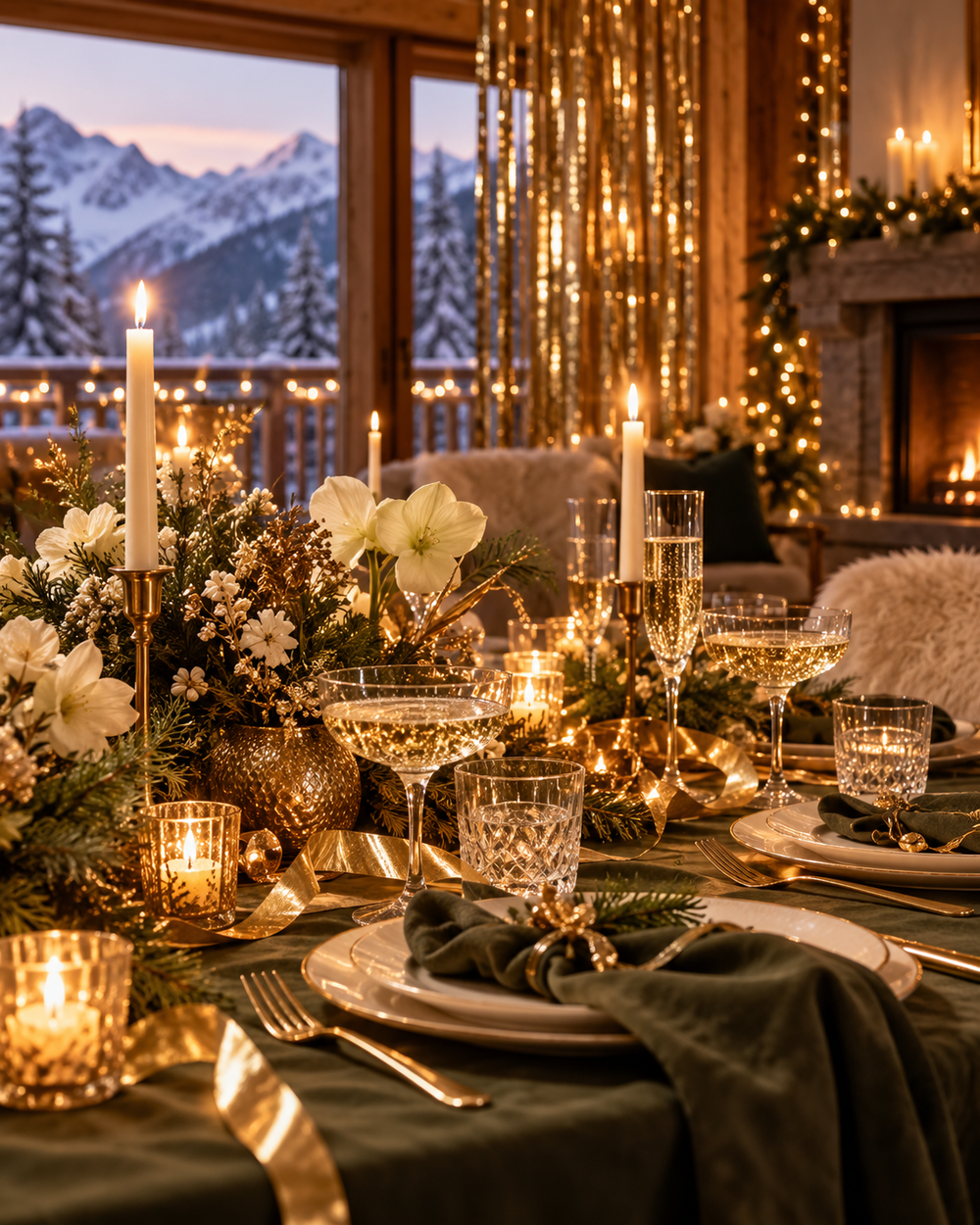 Table de réveillon dans un chalet aux lumières dorées