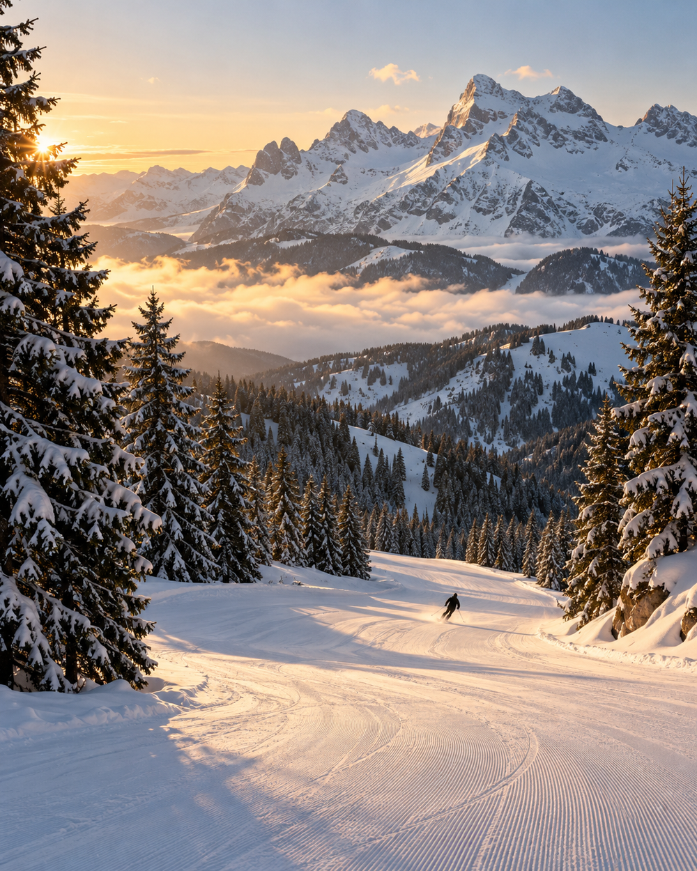 Piste de ski dans les Alpes au lever du soleil