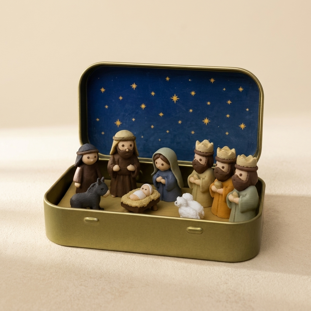 Crèche miniature dans sa boîte — souvenir de Noël — mise en scène, vendu à l’unité