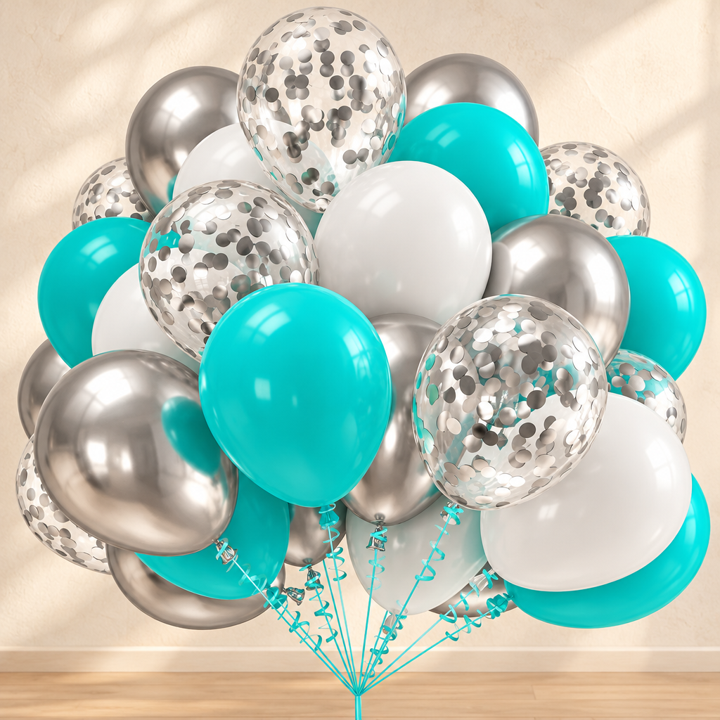 Ballons Métallisés — Turquoise, blanc et argent