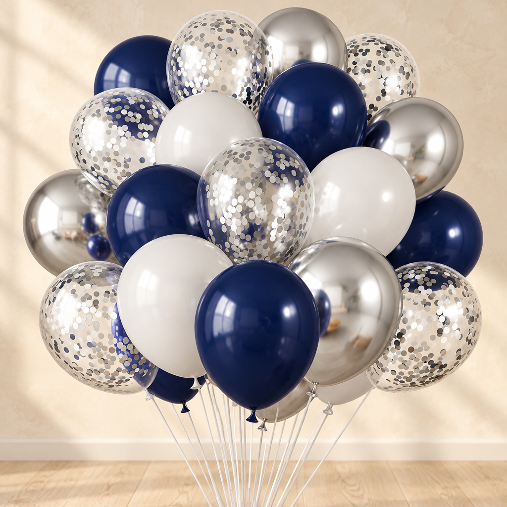 Ballons Métallisés — Bleu marine, argent et blanc
